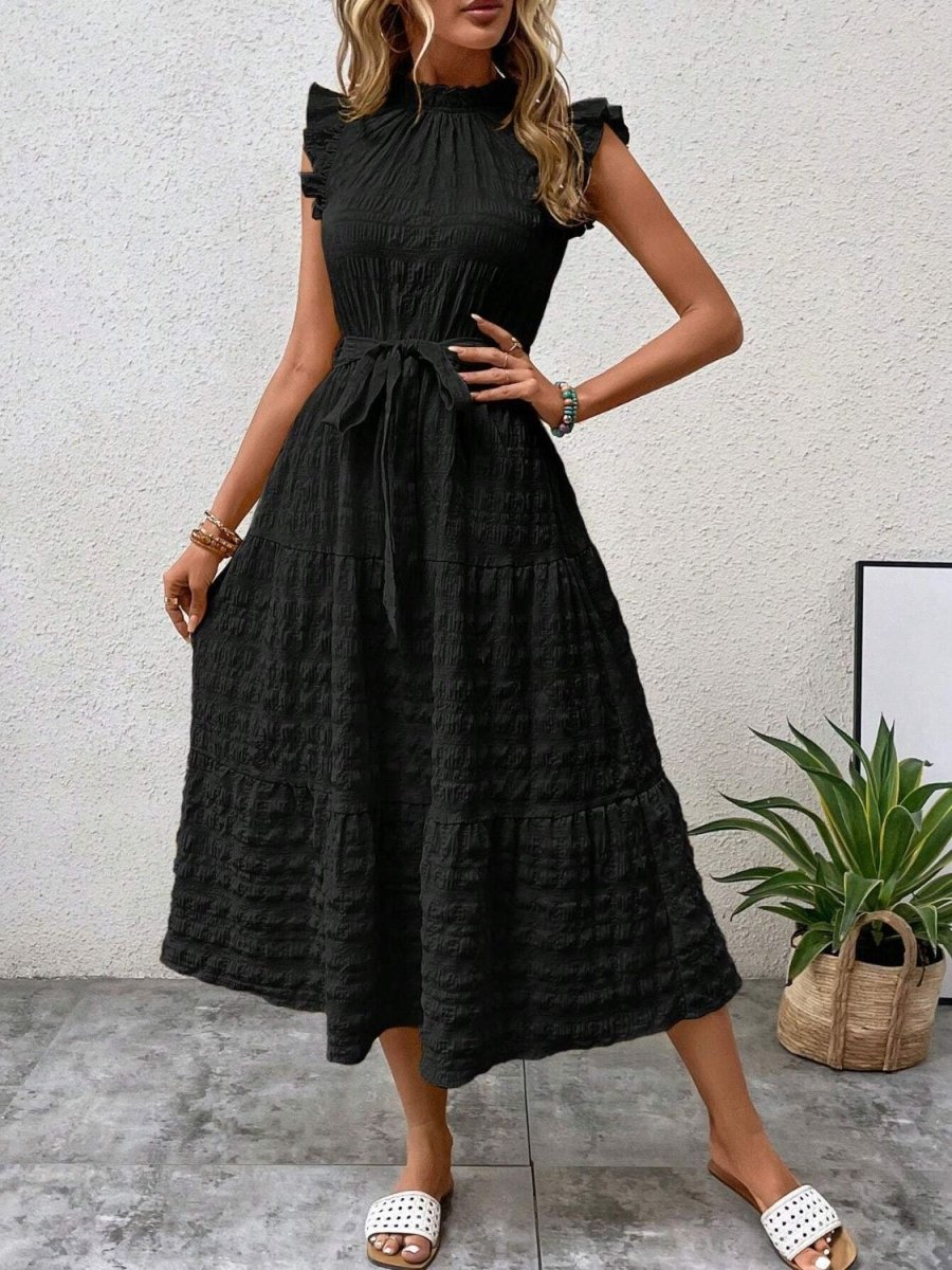 Floral midi dress with ruffled cap sleeves, tie waist, romantic feminine silhouette for garden events