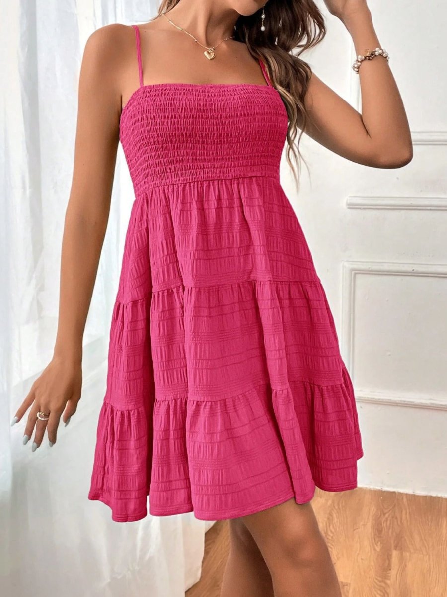 Floral tiered smocked square neck cami dress with flowing bohemian silhouette for summer