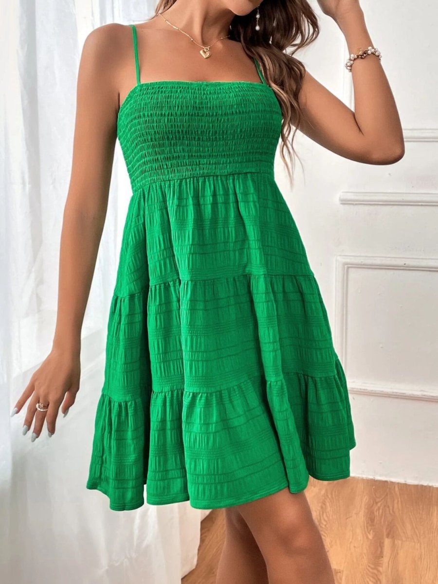 Flowy tiered smocked square neck cami dress with bohemian silhouette, perfect for summer garden parties