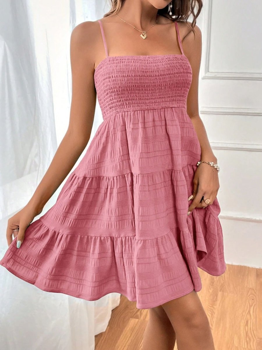 Floral tiered smocked square neck cami dress with flowing bohemian silhouette for summer