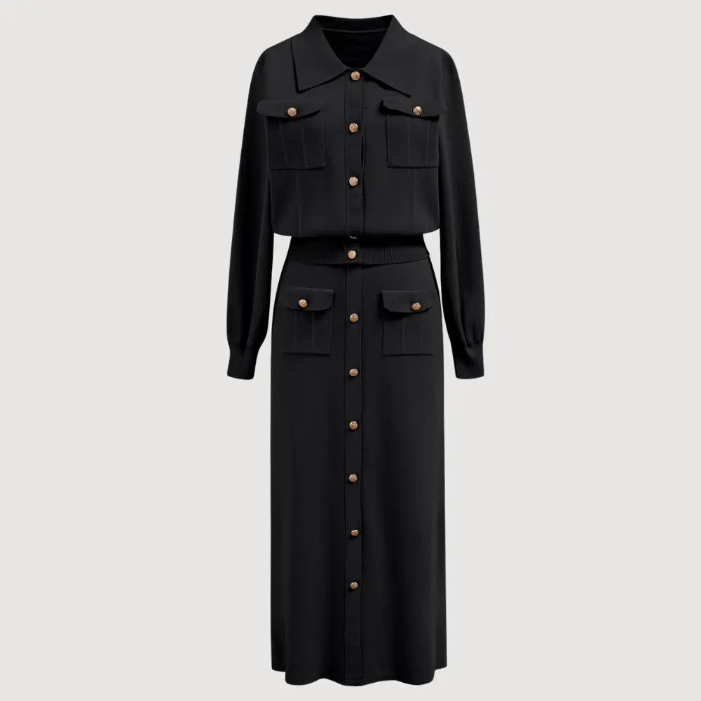 Elegant soft knit two-piece blazer and skirt set in vintage-inspired silhouette for professionals