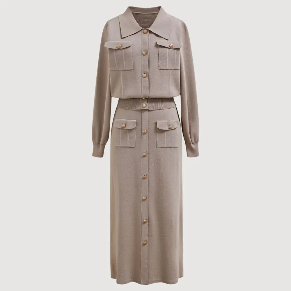 Ivory soft knit two-piece blazer and skirt set vintage-inspired silhouette professional chic