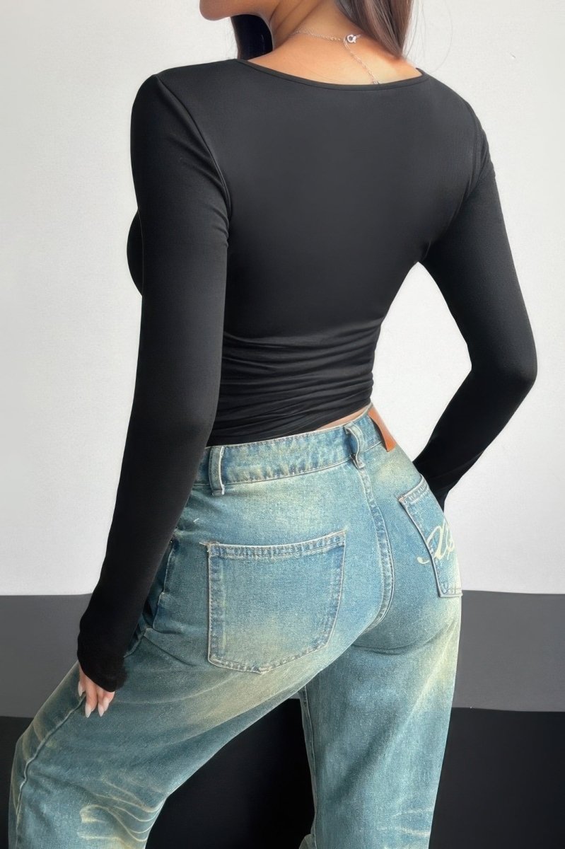 Women's black slim square-neck long-sleeve top with subtle ruching and flattering fitted silhouette