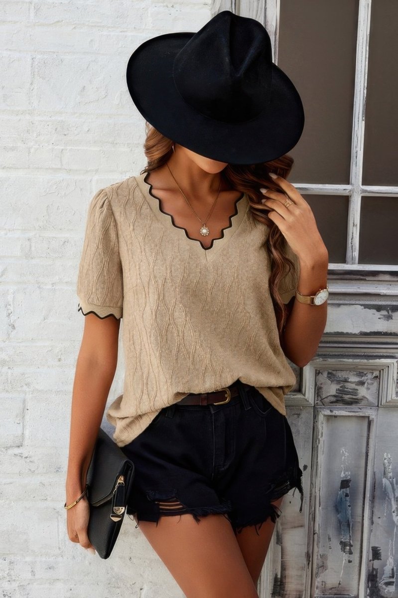 Women's lightweight knit blouse, scalloped V-neck drop shoulder top in relaxed loose fit
