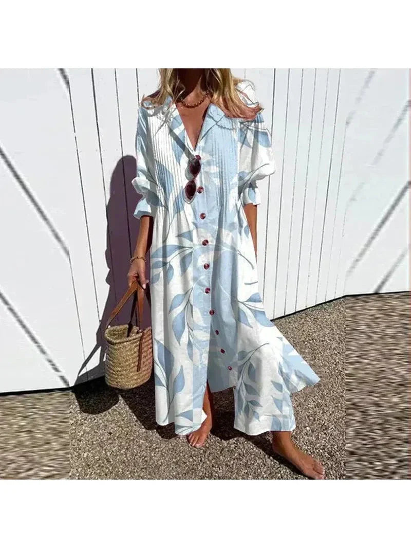 Women's loose-fit floral maxi dress vibrant painterly bloom print flowing oversized silhouette
