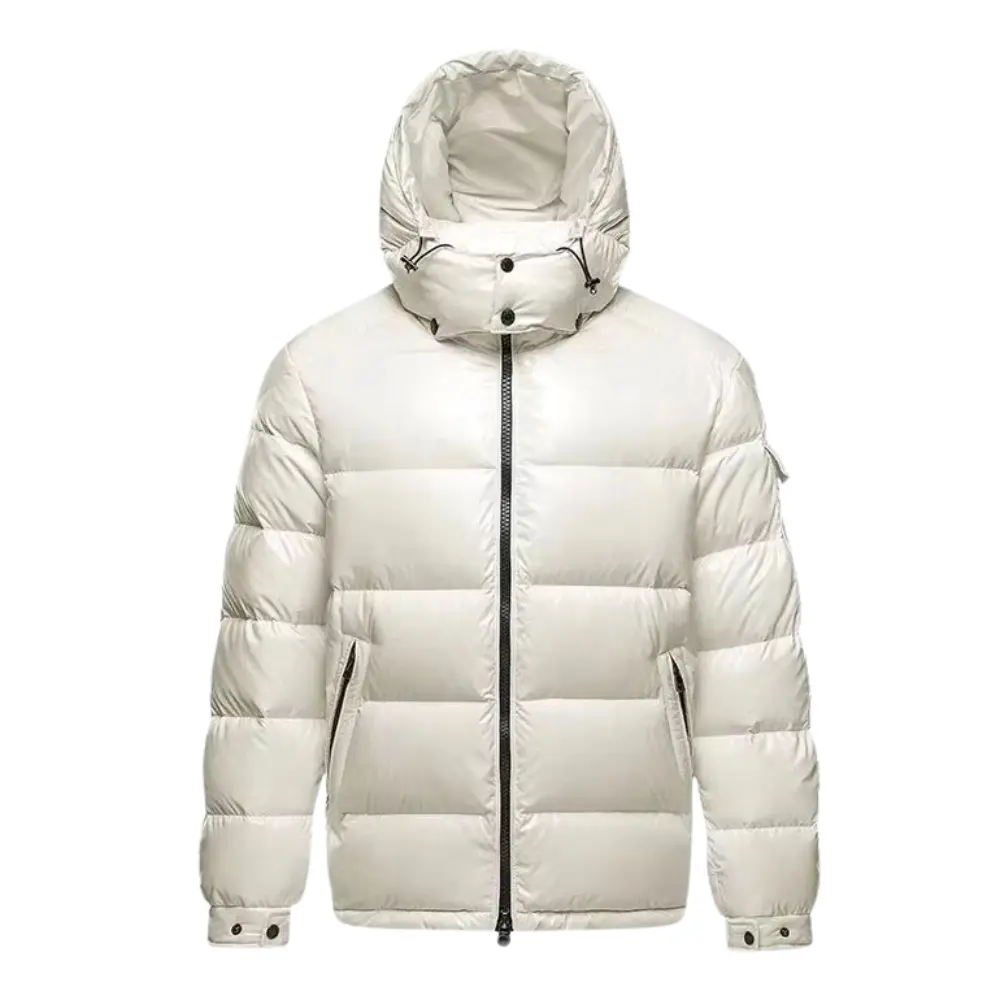 Men's navy blue windproof hooded puffer jacket with premium white duck down fill for outdoor wear