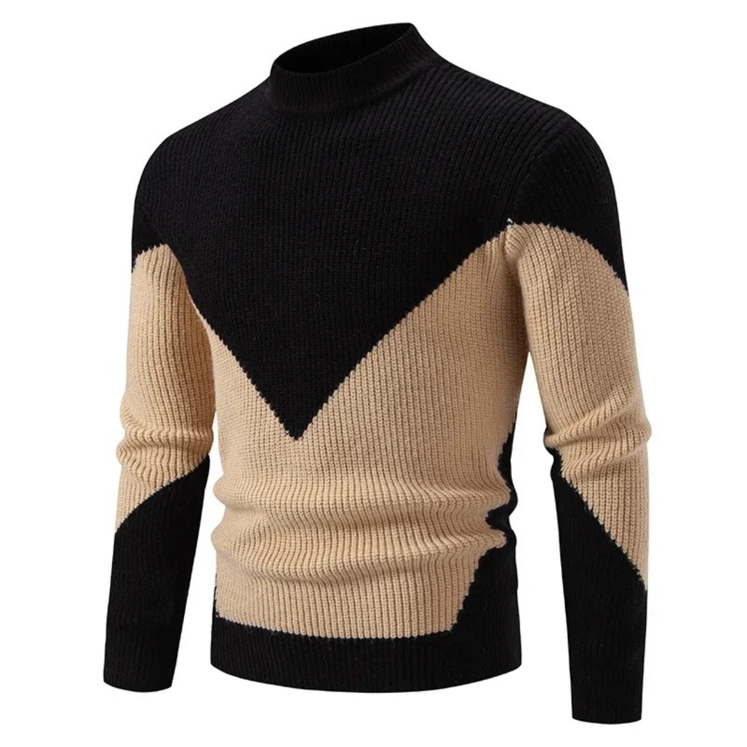 Men's navy blue high-neck pullover sweater with modern geometric knit pattern, slim-fit silhouette