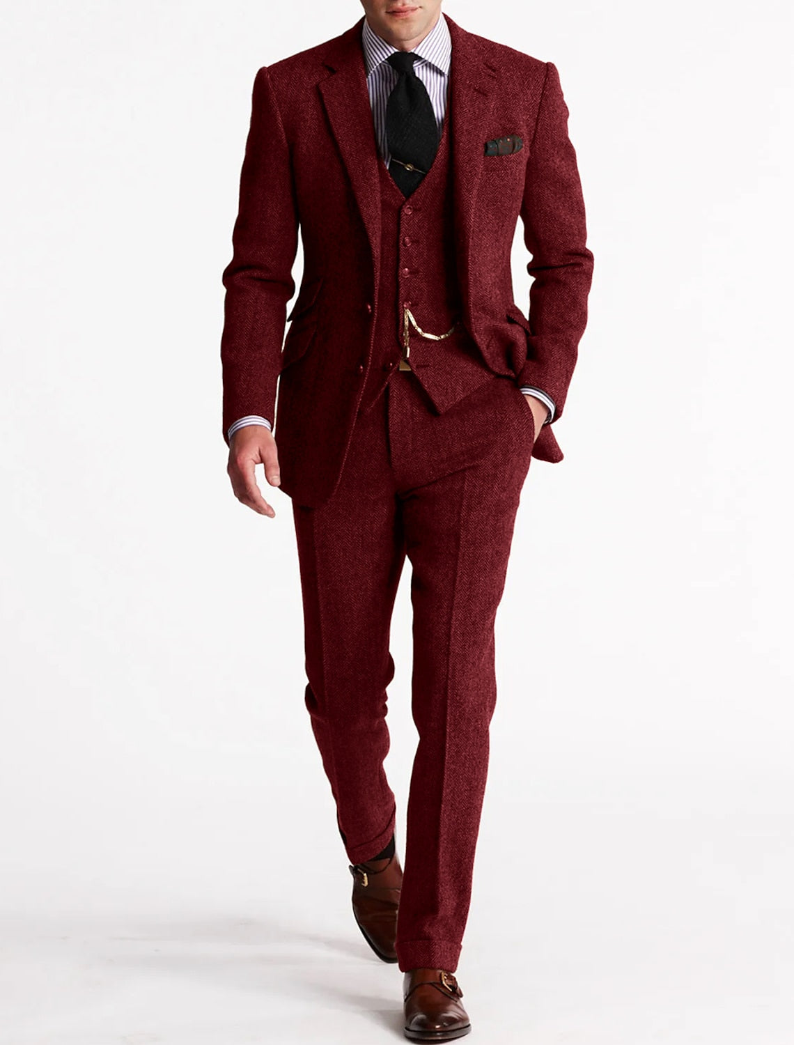 Men's slim fit three-piece suit navy tailored jacket waistcoat trousers professional formal style