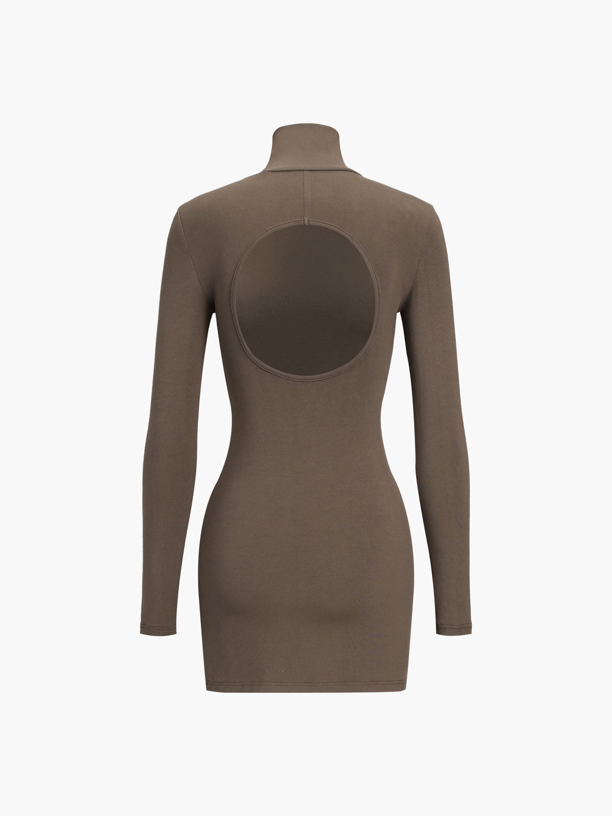 Women's black turtleneck short dress long sleeves open-back circular cutout sleek fitted silhouette