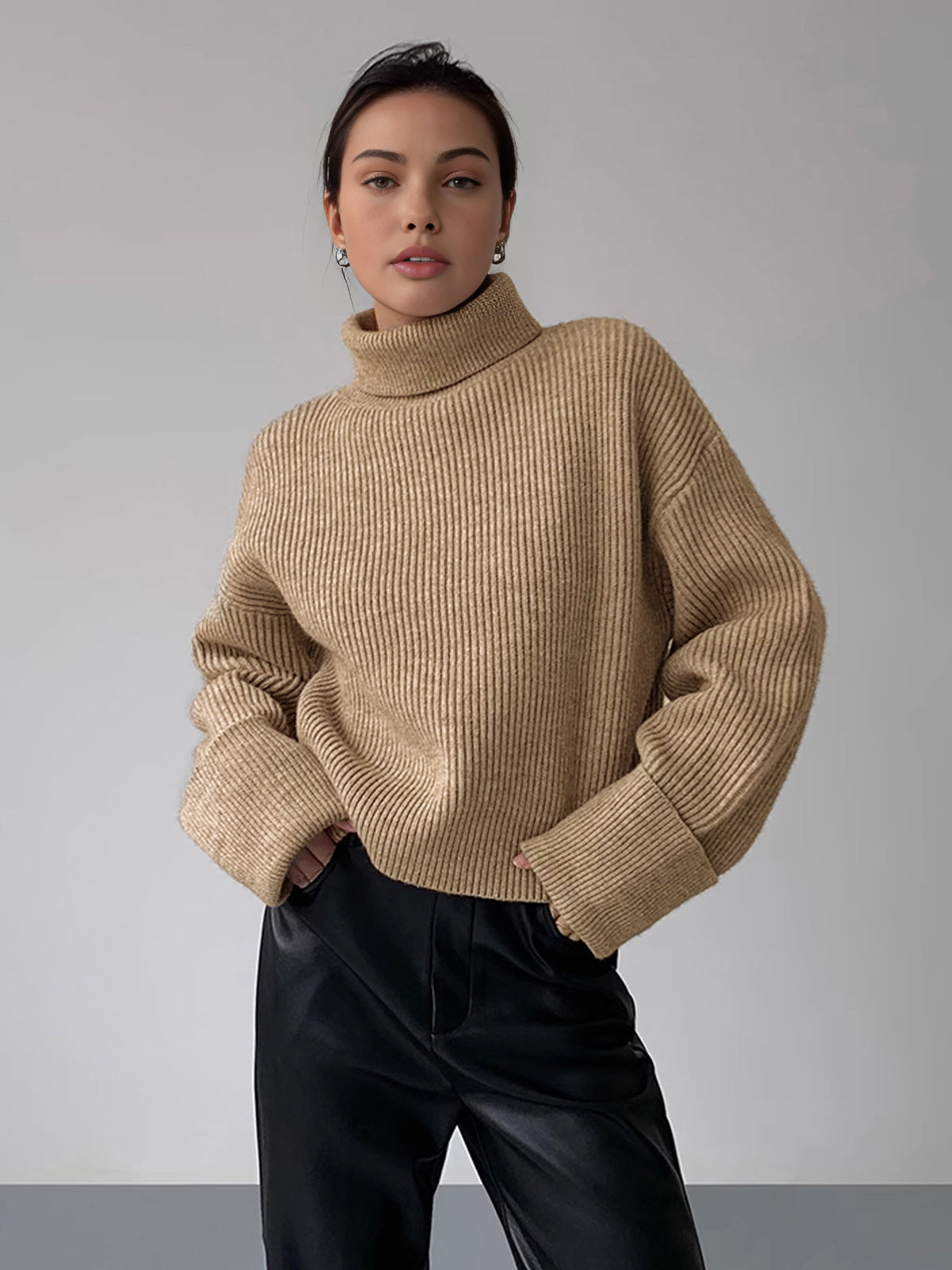 Women's ribbed turtleneck sweater casual elegant knit top with high-stretch fit