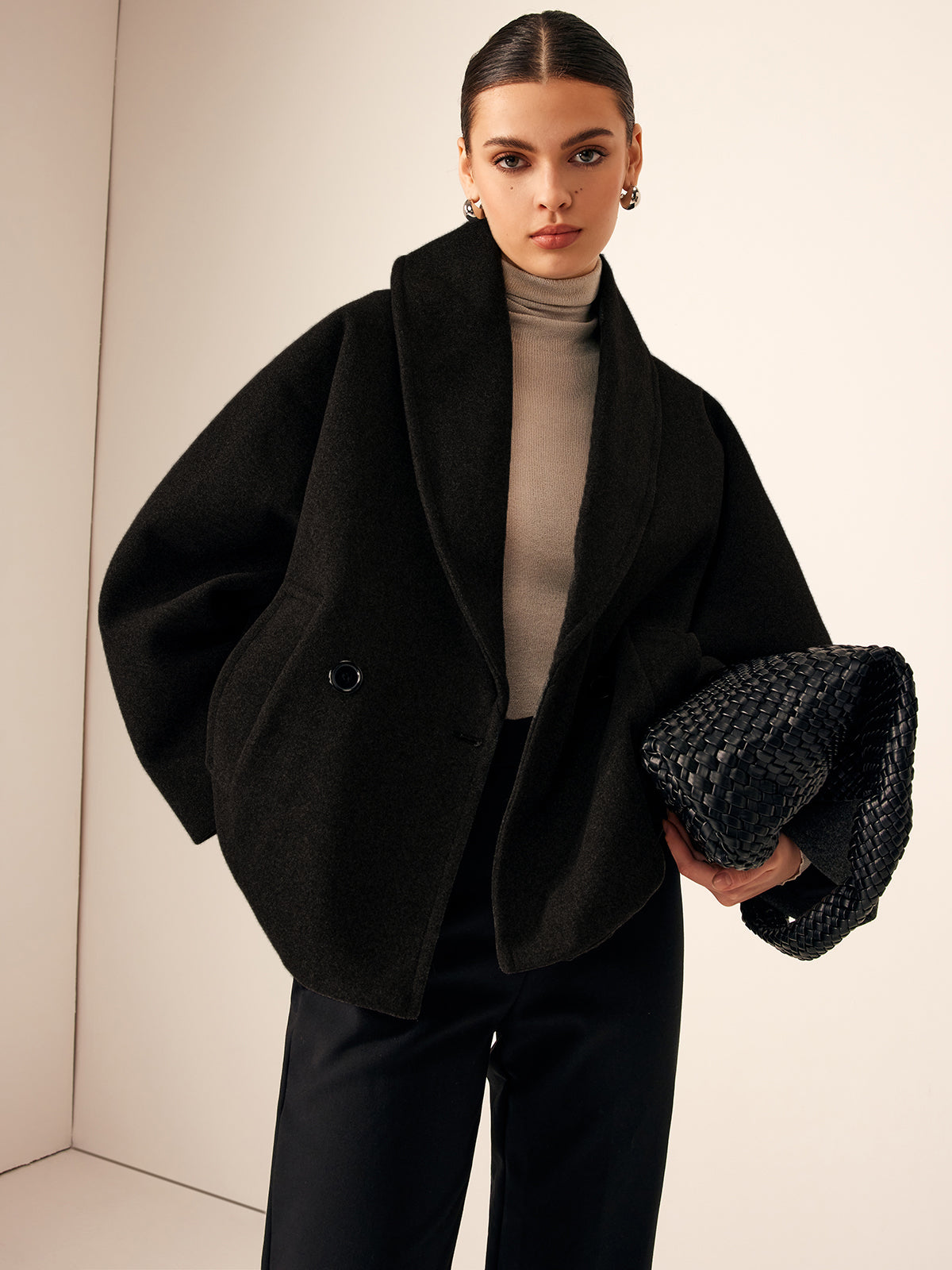 Women's loose fit tweed coat long sleeve warm casual office wear with pockets
