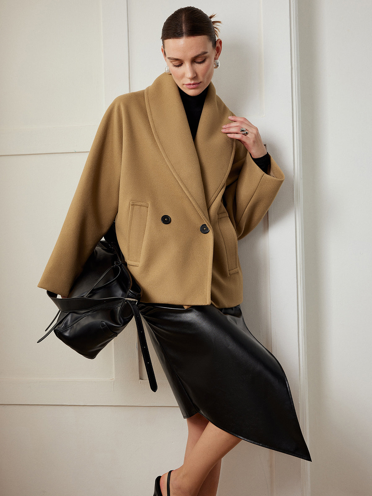 Women's loose fit tweed coat long sleeve warm casual office wear with functional pockets