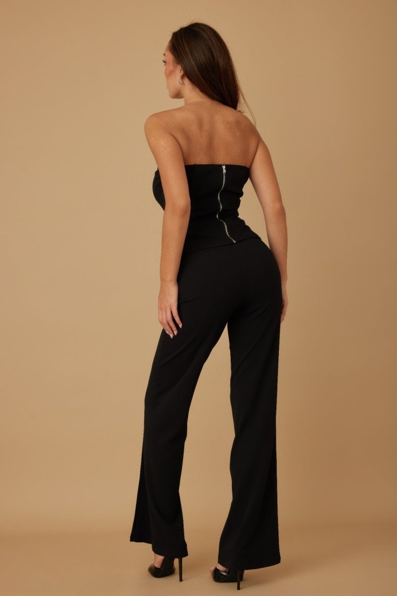 Beige crystal embellished strapless top and high waist pants tailored two-piece evening set