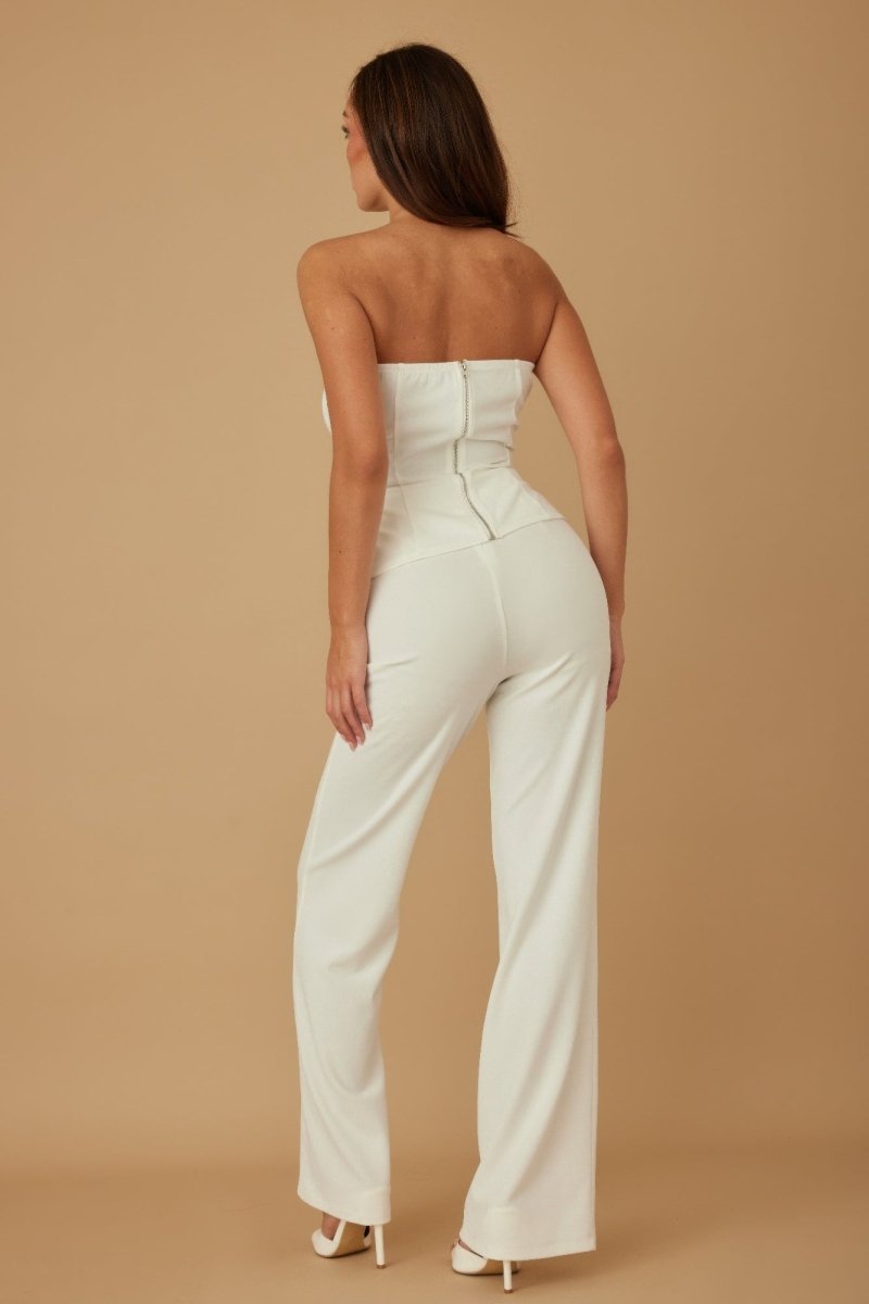 Beige crystal embellished tailored set strapless top high waist pants evening wear women