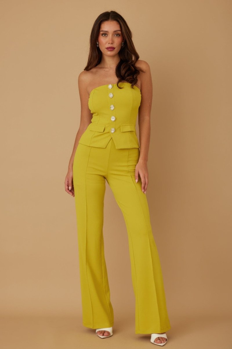 Beige crystal embellished strapless top and high waist pants tailored two-piece set evening wear