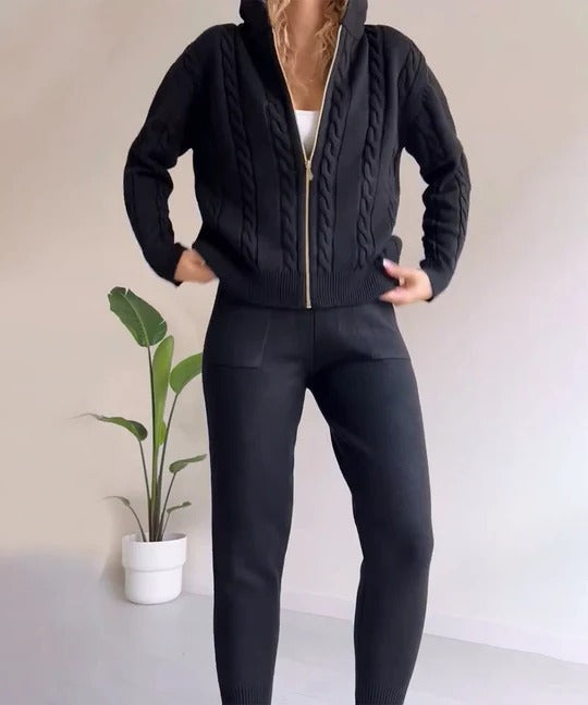 Women's cozy knit two-piece winter set matching top and bottom outfit with textured pattern