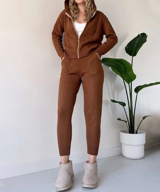 Women's cozy knit two-piece winter set matching top and bottom with textured pattern