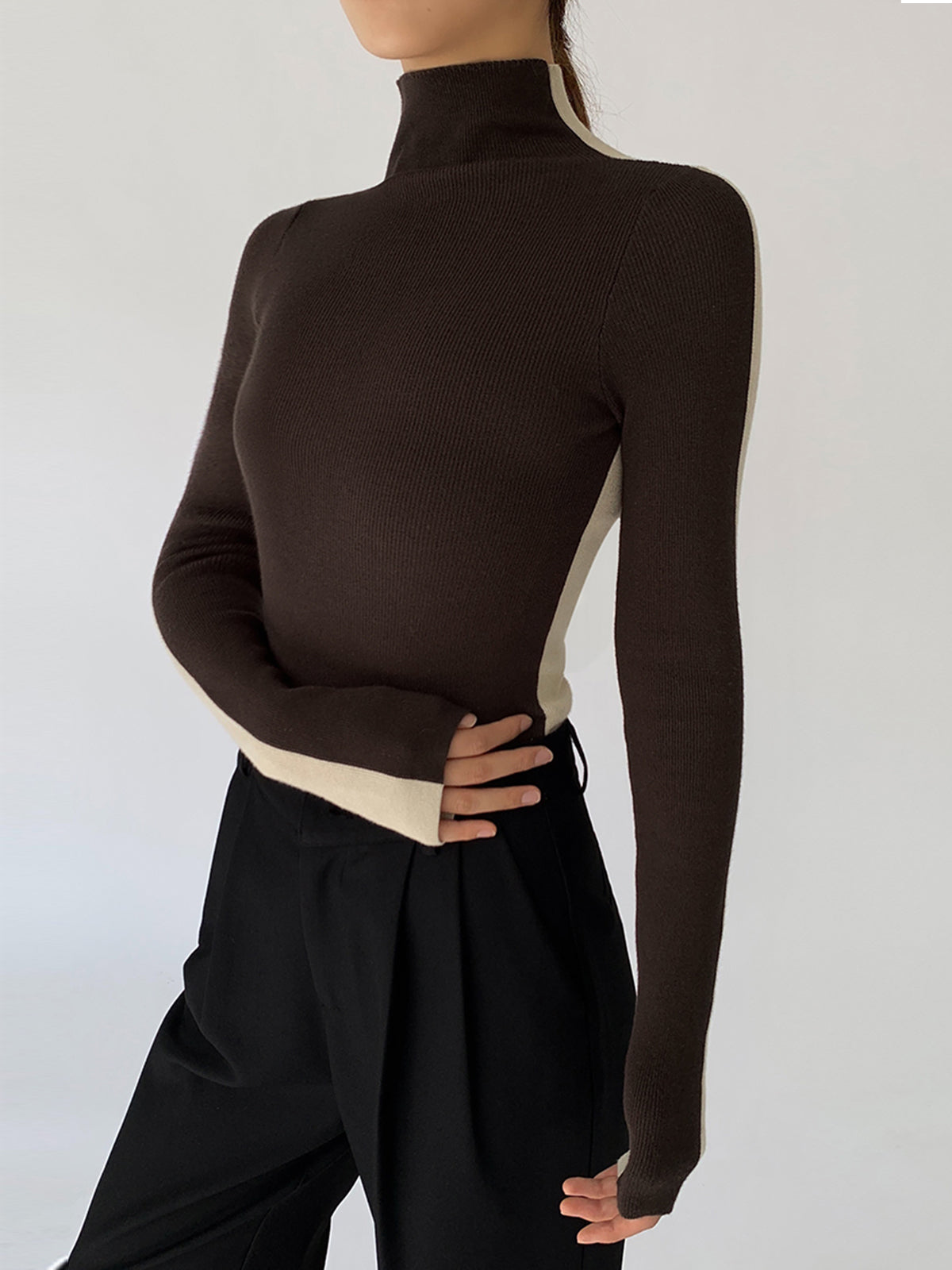 Women's two-tone reversible knit top long sleeve casual regular fit soft viscose blend
