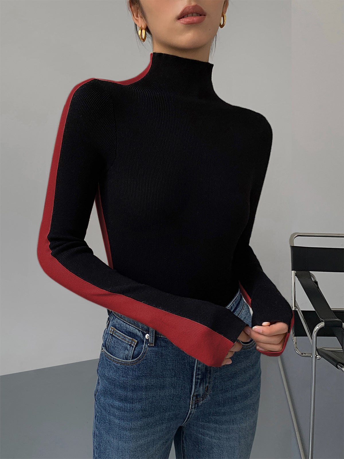 Women's two-tone reversible long sleeve knit top casual regular fit soft viscose blend