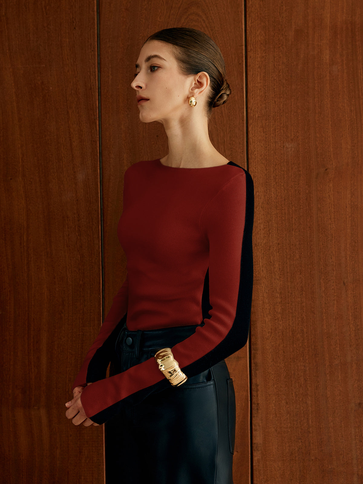 Women's two-tone panel knit top in soft viscose blend with contrast binding, casual relaxed fit