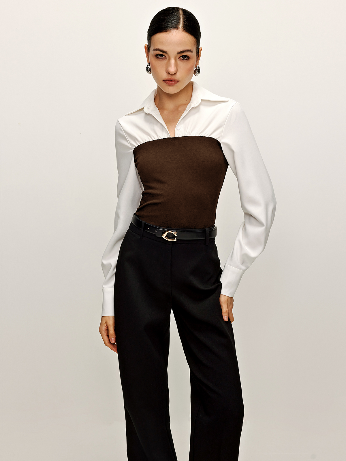 Two-tone panel polo shirt navy blue white cotton blend slim fit ribbed collar workwear stretch