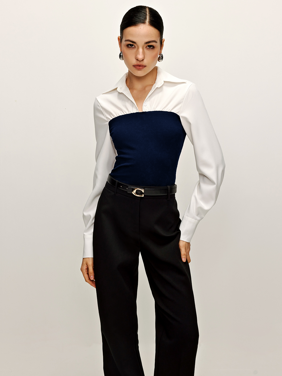 Two-tone panel polo shirt in cotton-elastane blend with ribbed texture for workwear stretch comfort