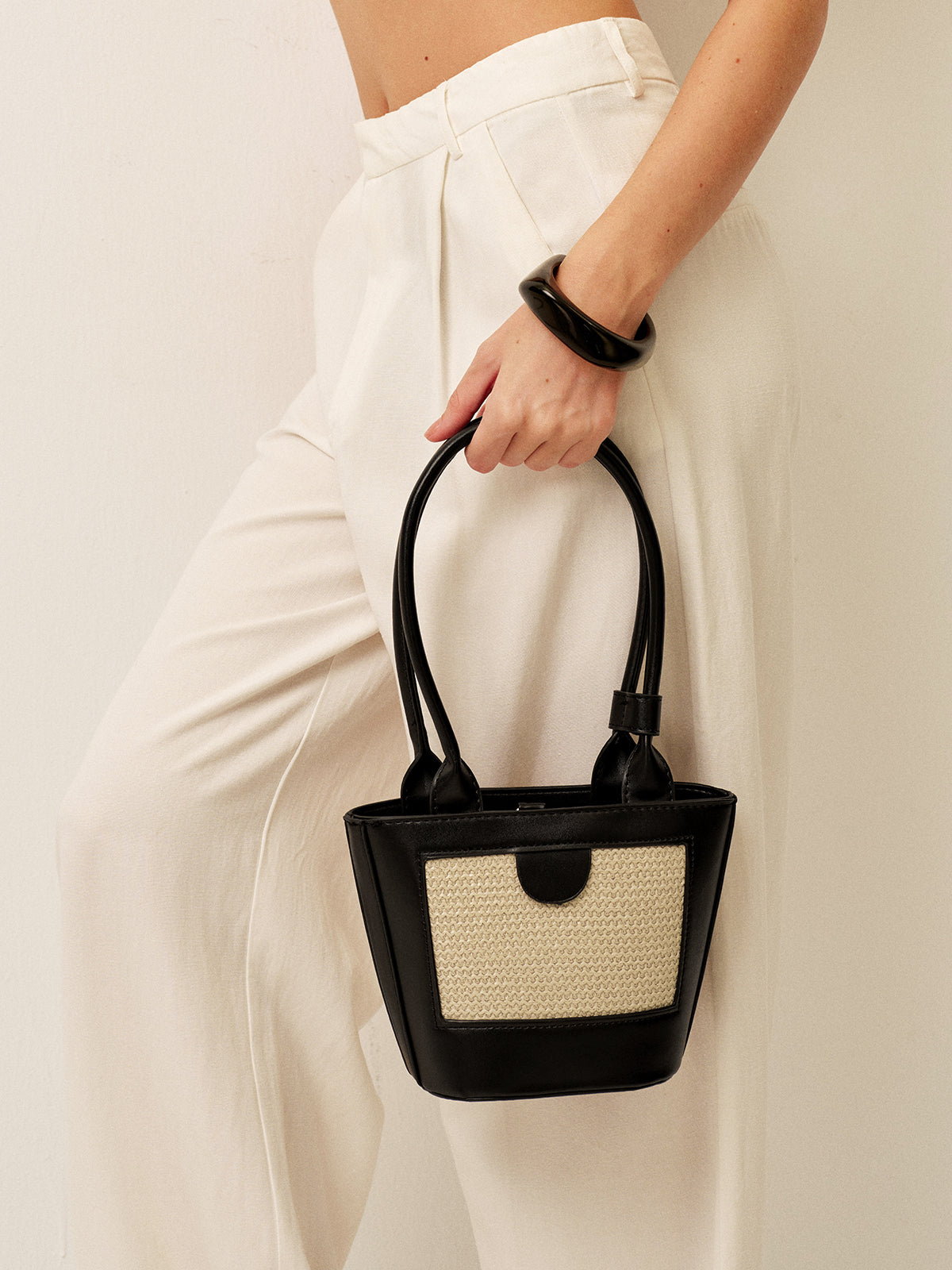 Two-Tone Woven Panel Tote Bag - Urbann-Vibe