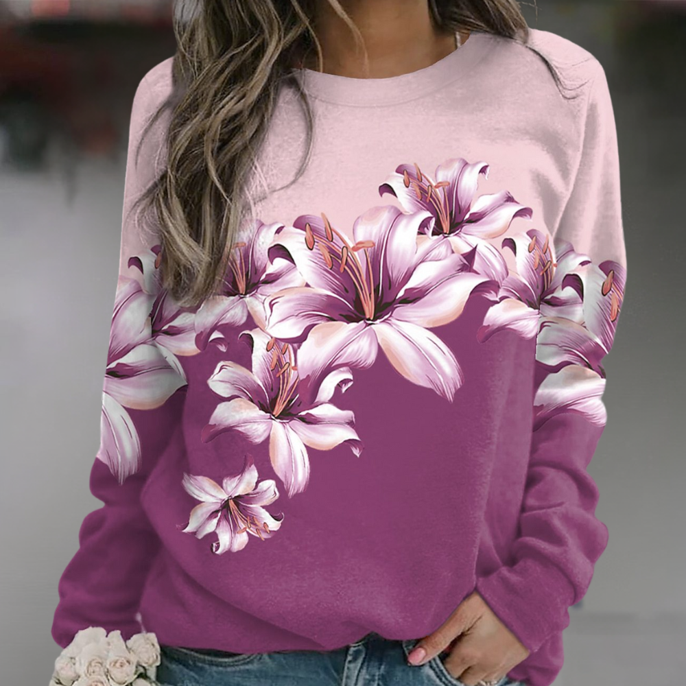 Women's relaxed-fit floral print sweatshirt long sleeve soft breathable cotton-blend fabric