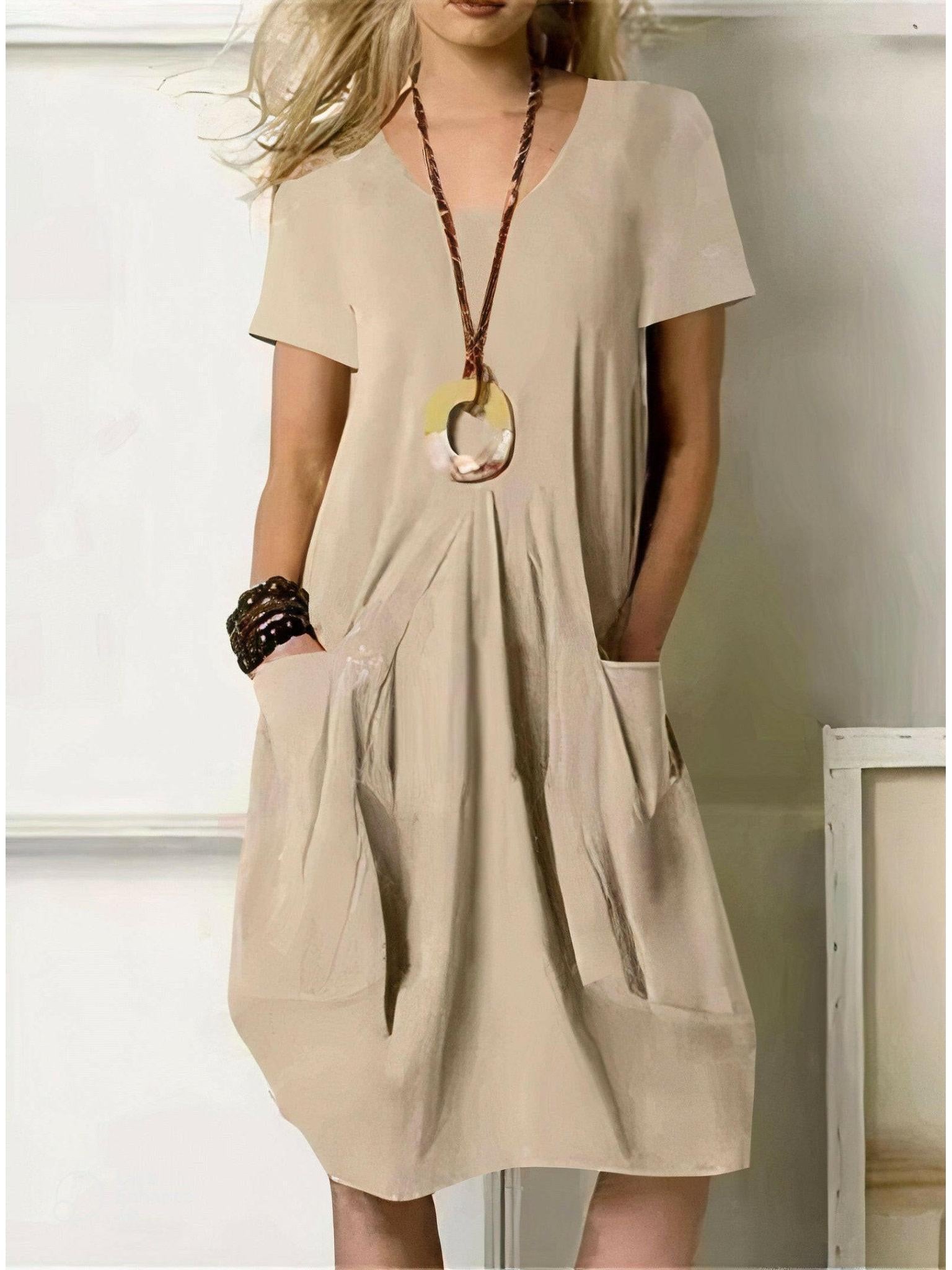 Women's cotton casual A-line dress knee-length round neckline with pockets everyday comfort style