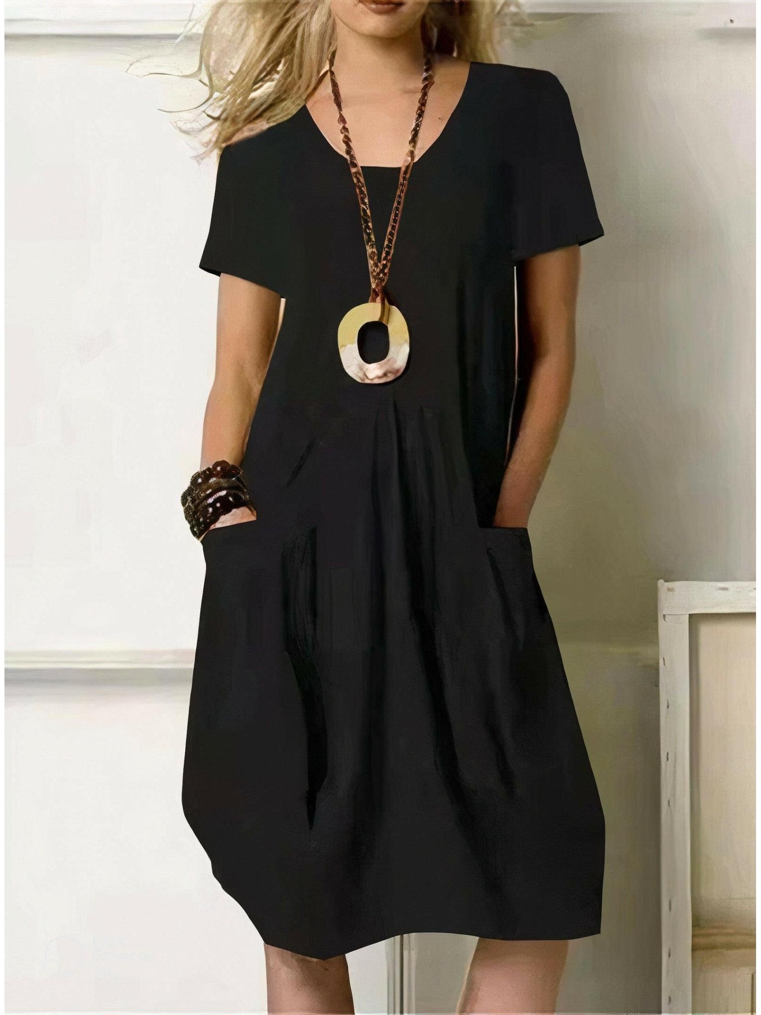 Women's cotton casual A-line dress knee-length round neckline with pockets everyday comfort style