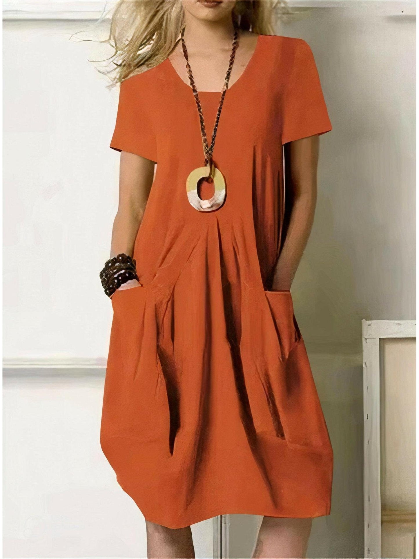 Women's cotton casual A-line knee-length dress with round neckline and side pockets