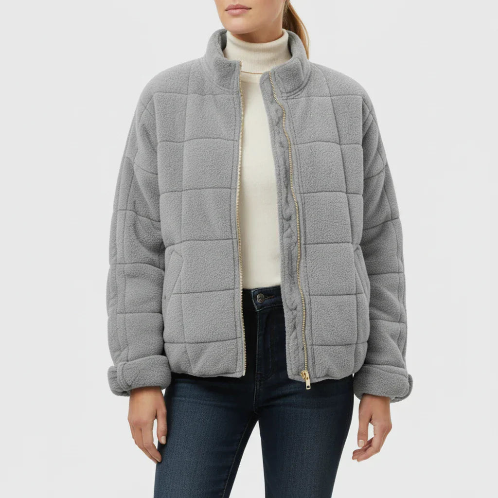 Women's quilted bomber jacket loose fit stand collar front zip transitional outerwear