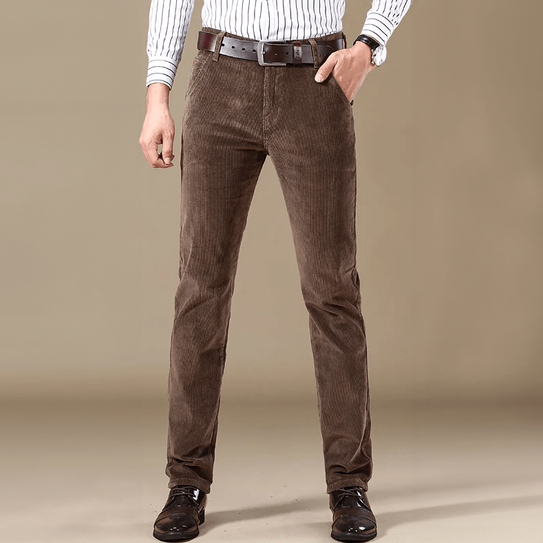 Men's brown corduroy pants slim fit semi-formal vintage texture warm winter trousers