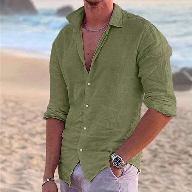 Men's white lightweight linen-blend long sleeve button-up shirt breathable spring summer casual fit