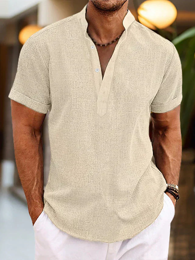 Men's casual light beige linen Henley collar short sleeve shirt, breathable summer blend