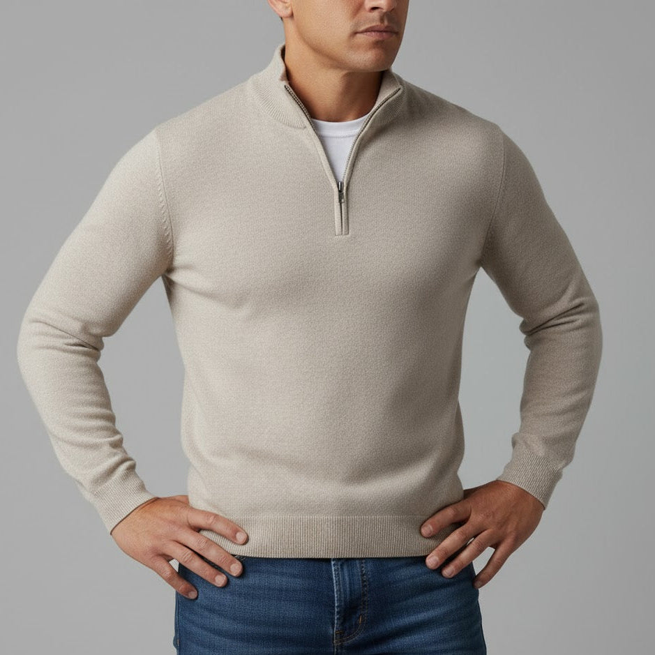 Men's slim fit half-zip cotton knit sweater in cozy winter style with modern zip closure