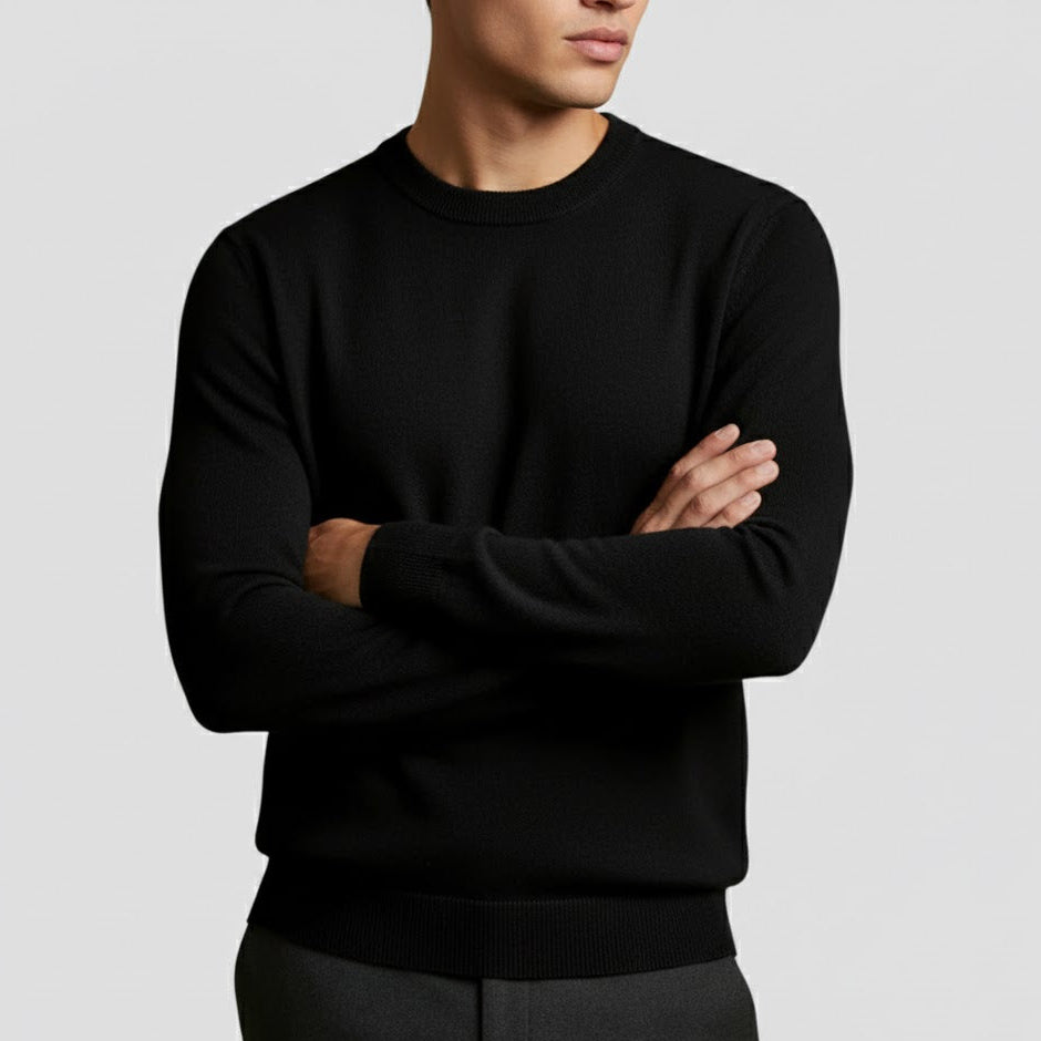 Men's fine wool crew neck sweater classic fit ribbed texture natural warmth winter elegance