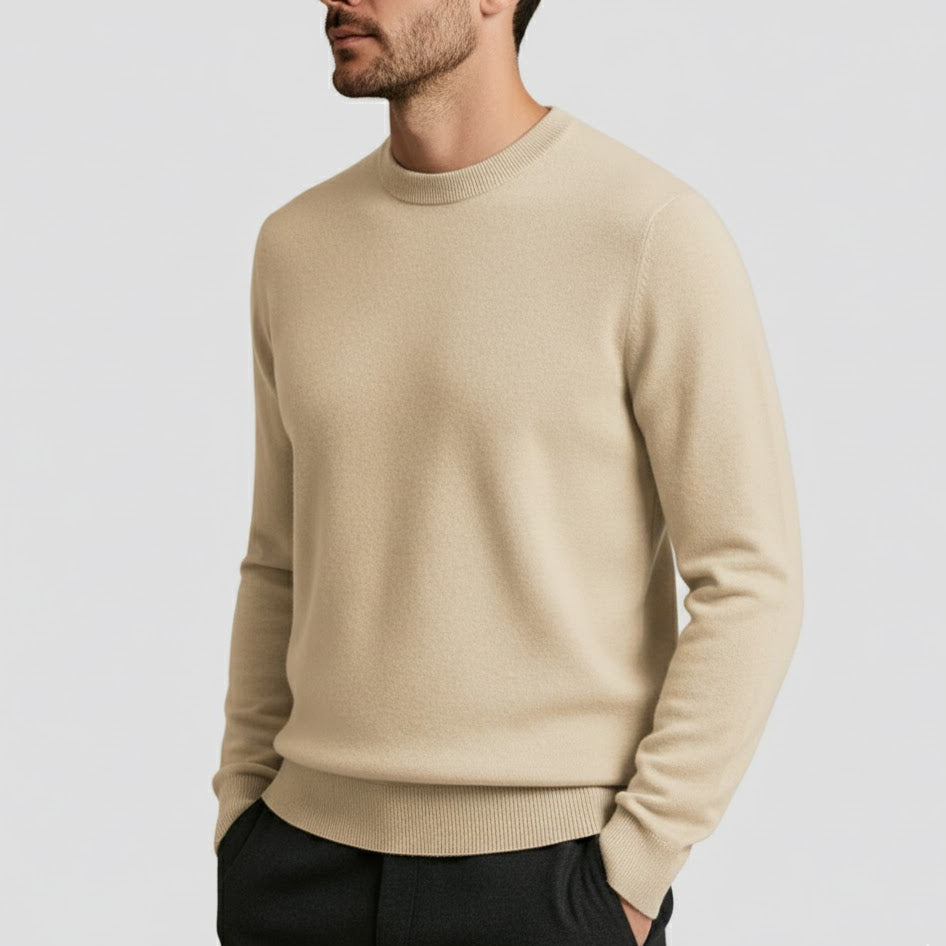 Men's fine wool knit crew neck sweater classic fit lightweight natural warmth winter elegance