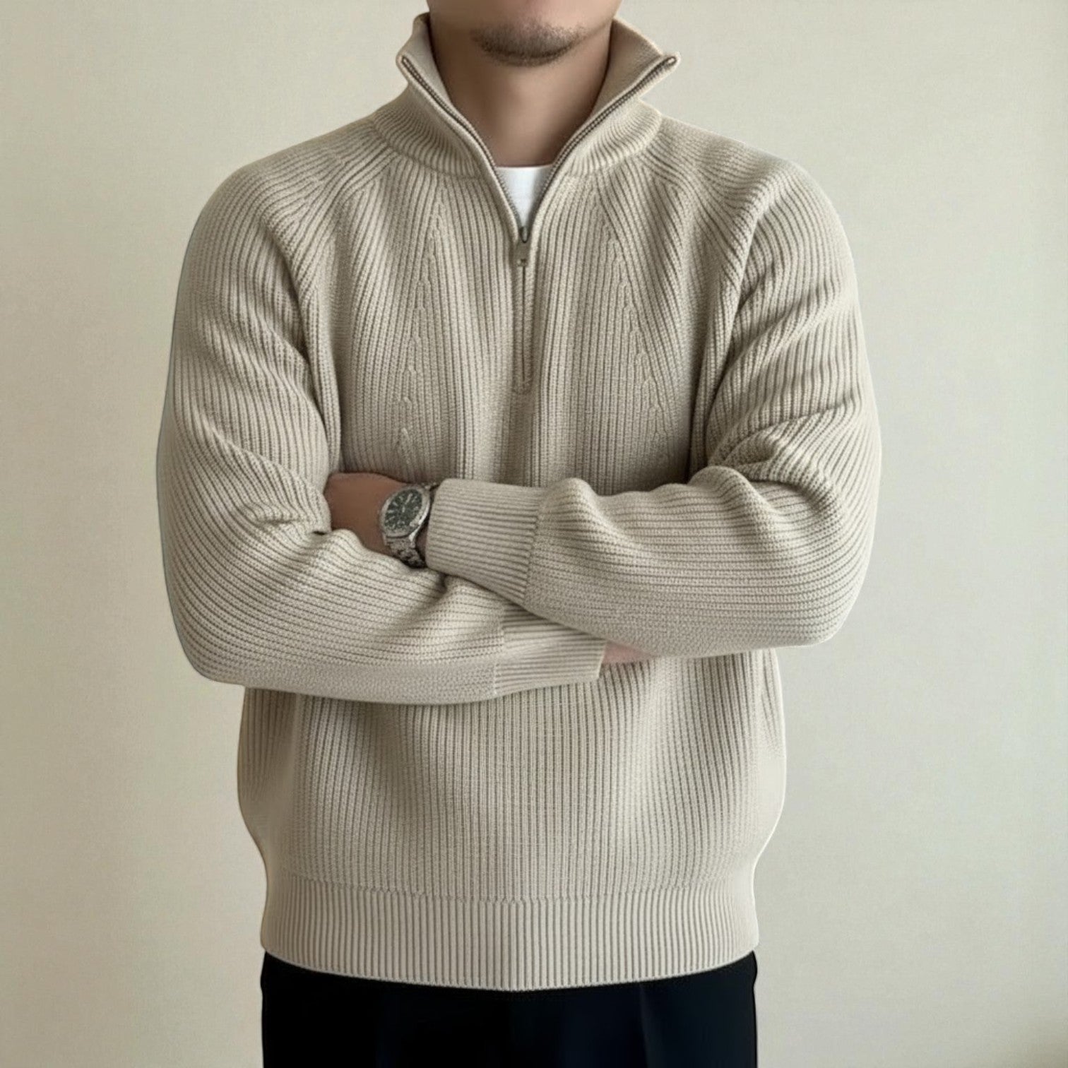 Men's wool quarter-zip winter sweater with durable textured knit for warmth and urban style