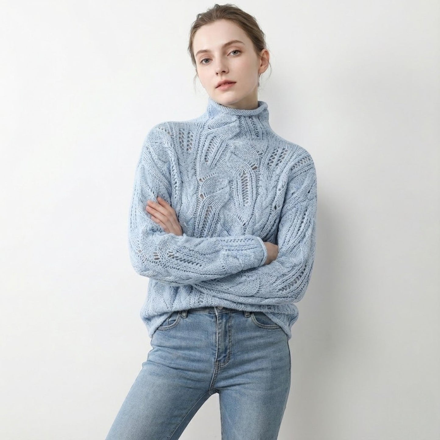 Women's Mira cotton knit sweater in beige and blue, regular fit with gentle textured surface