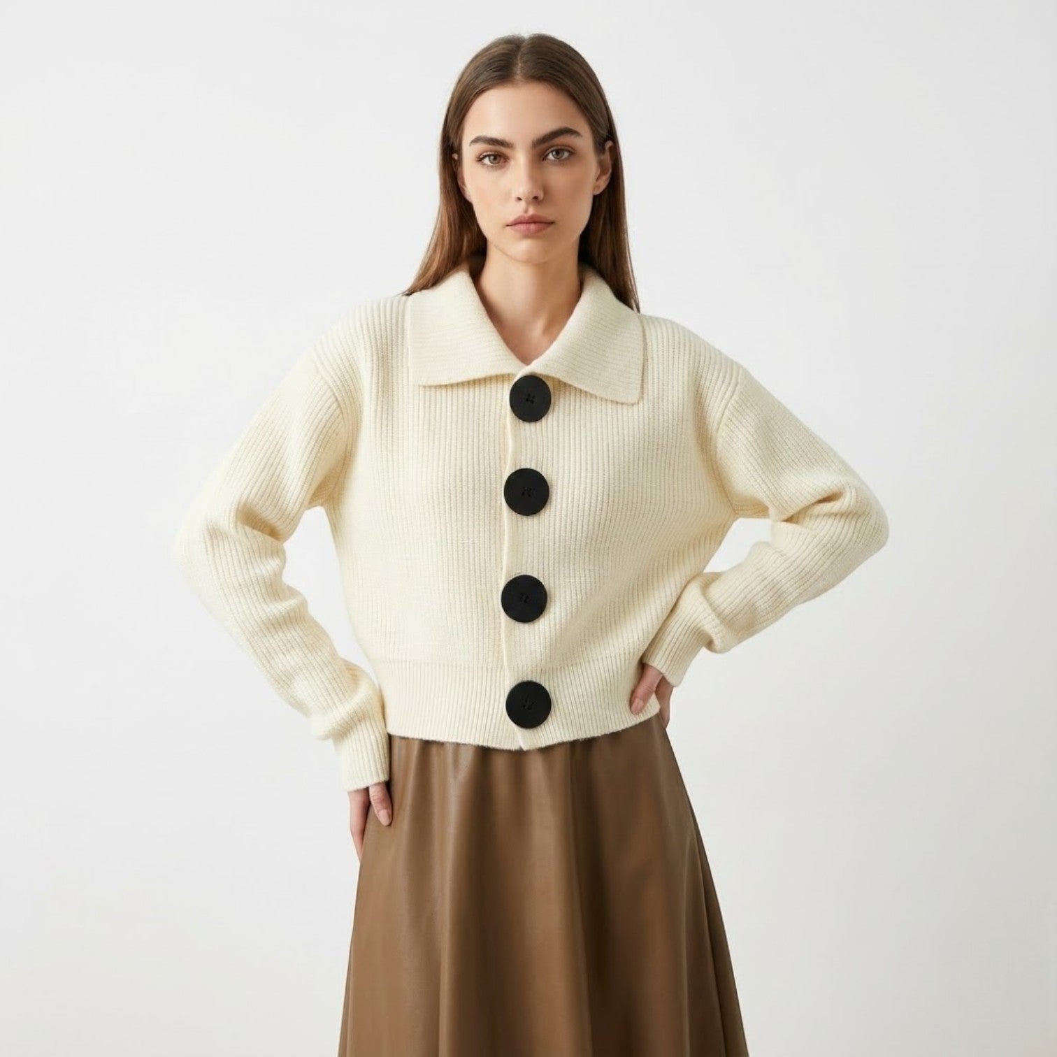 Women's wool cardigan slightly cropped structured silhouette with soft textured knit city-ready style