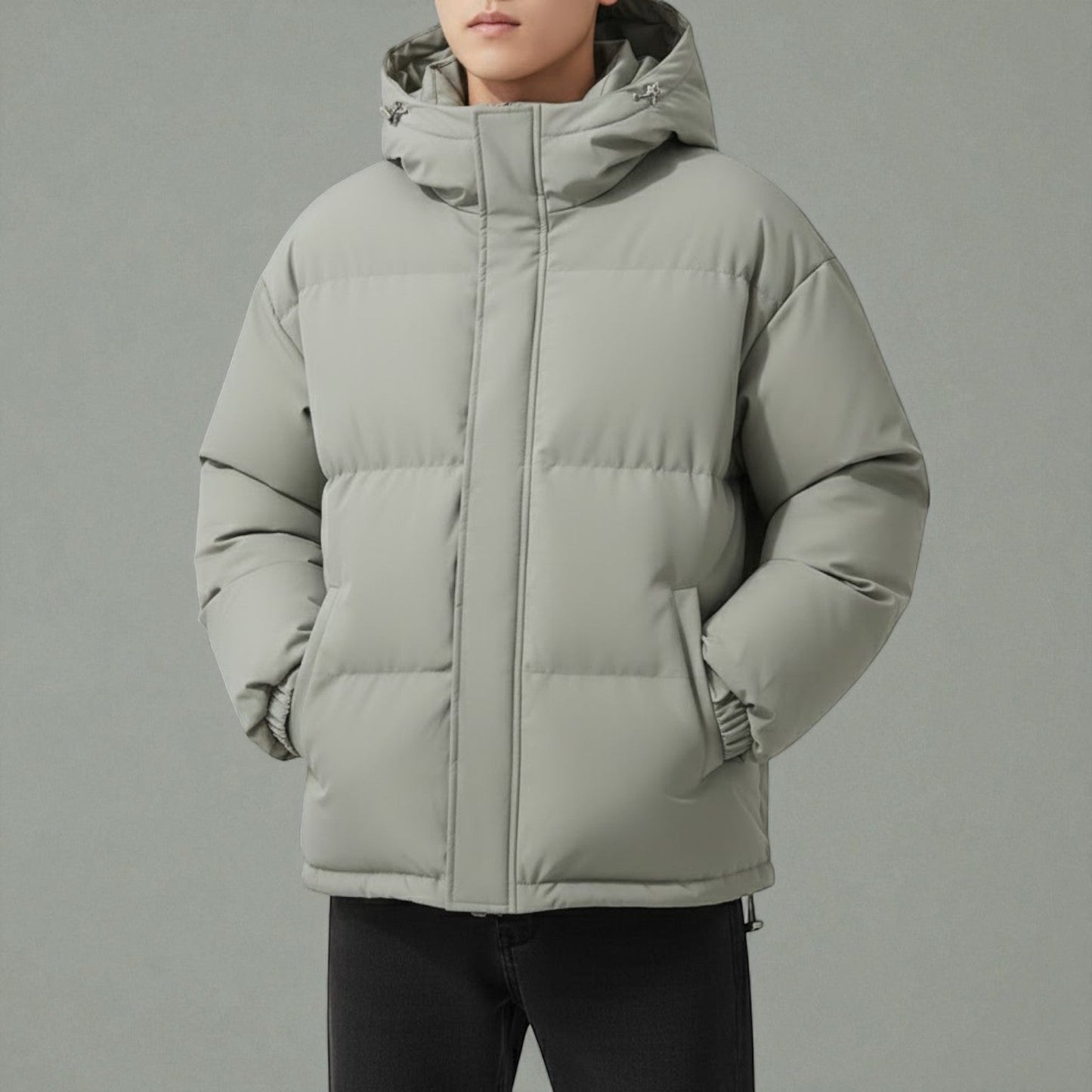 Men's cotton puffer jacket with integrated hood, thick insulation, clean modern silhouette for cold weather