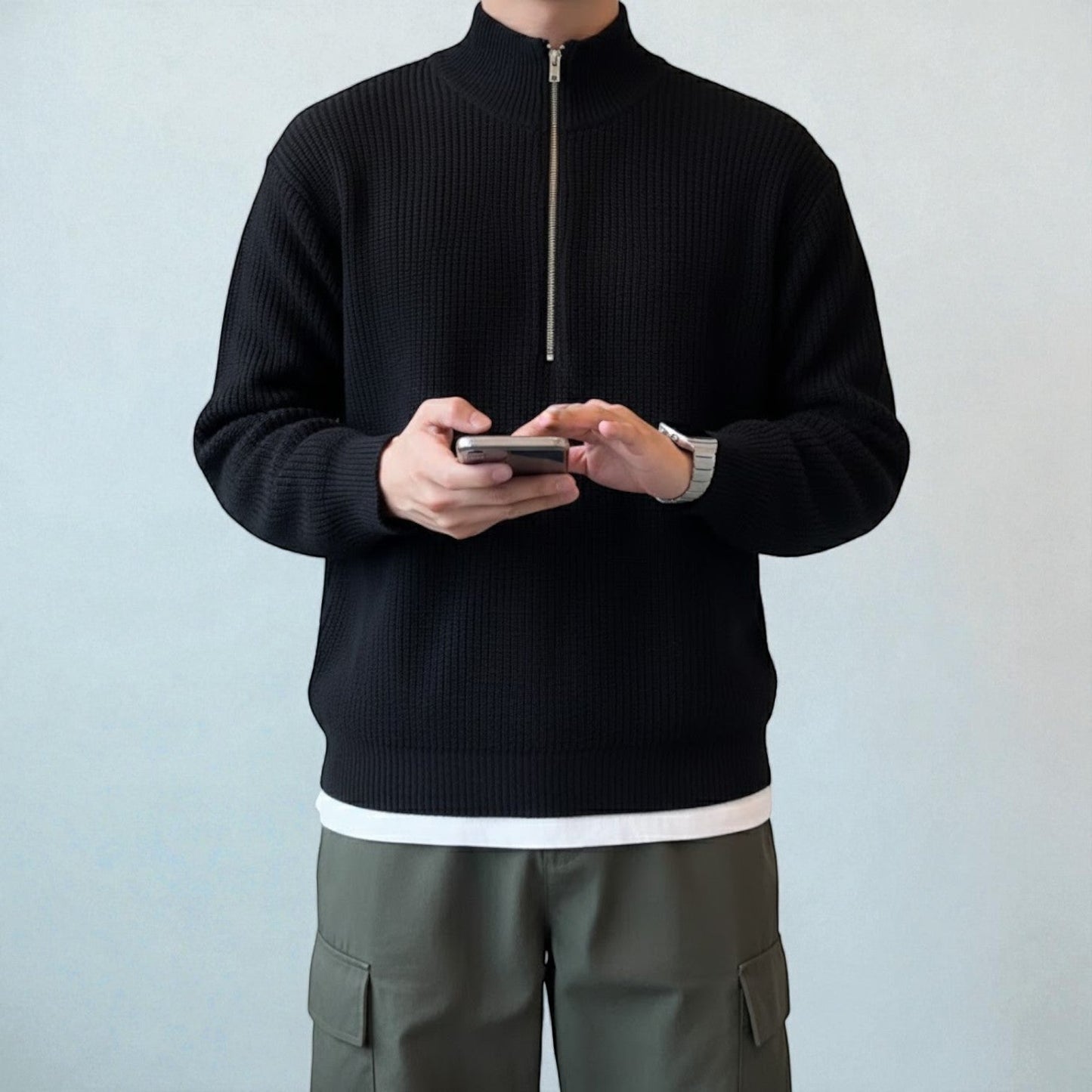 Sandro men's wool winter sweater, modern quarter-zip cut with textured knit pattern
