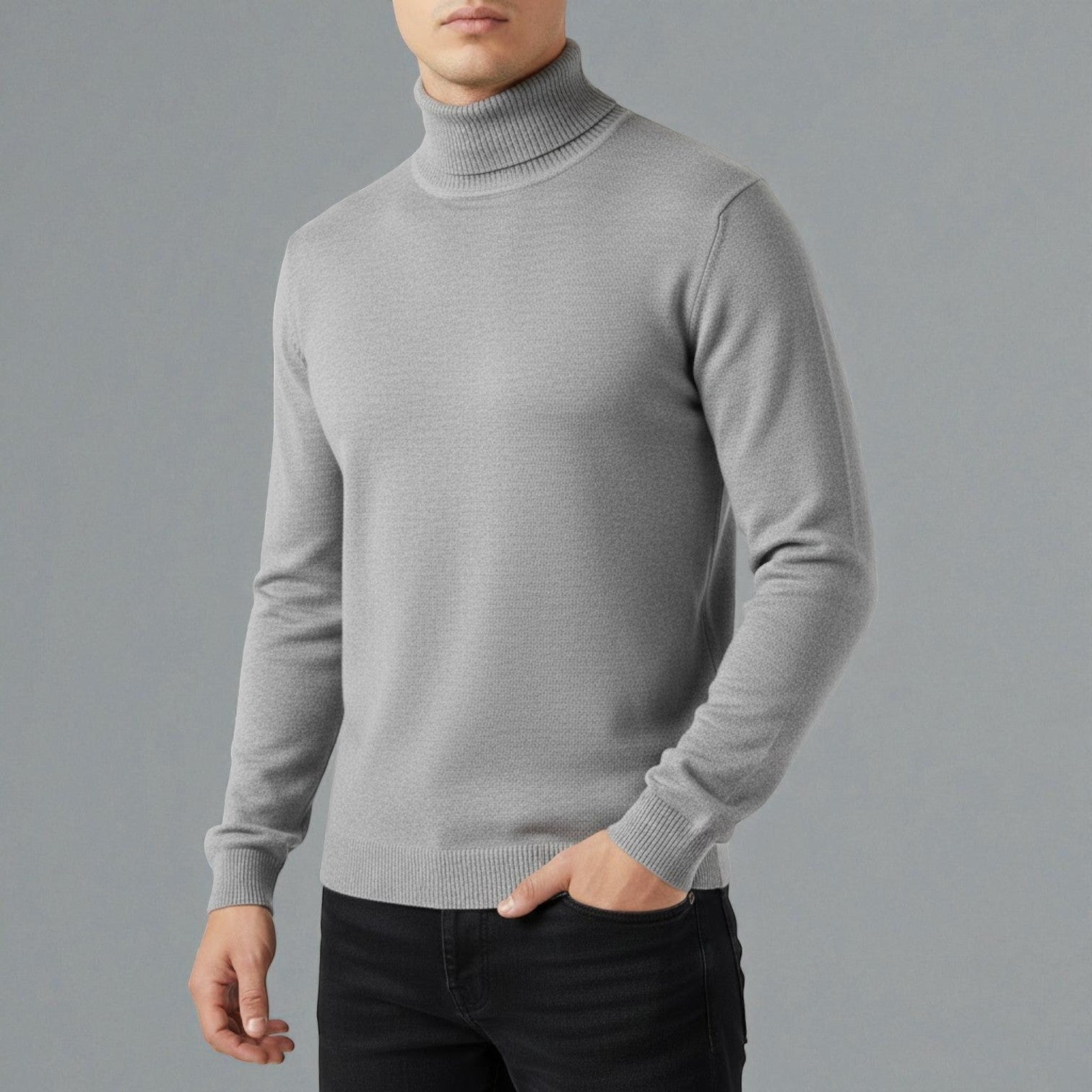 Men's beige cotton turtleneck sweater slim regular fit cozy knit for office and city wear