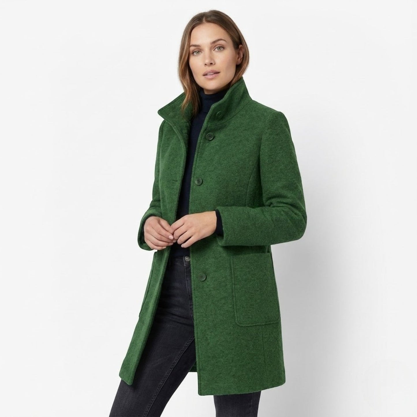 Women's long wool coat structured silhouette elegant winter cold days polished modern city style