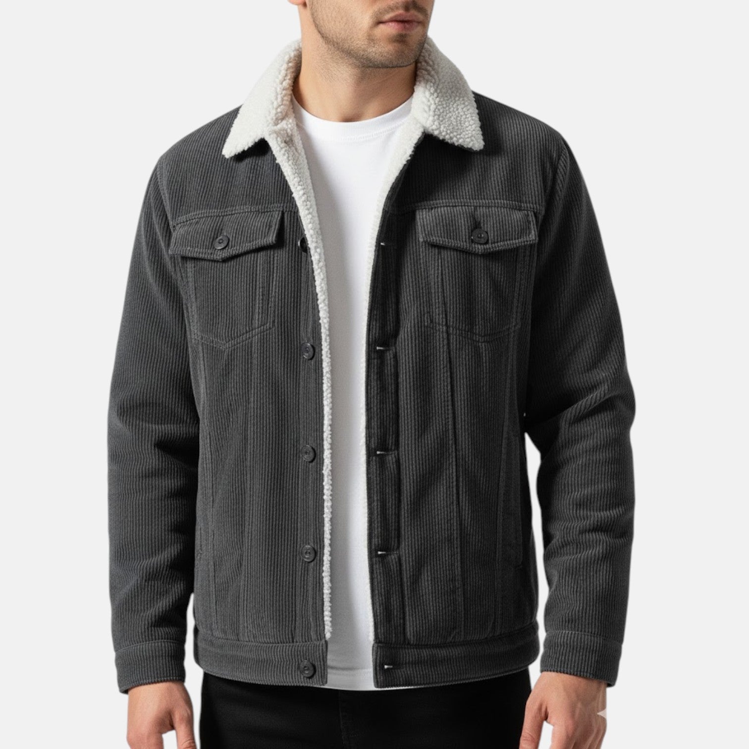 Men's brown corduroy jacket with plush teddy fleece lining, relaxed casual fit for winter warmth