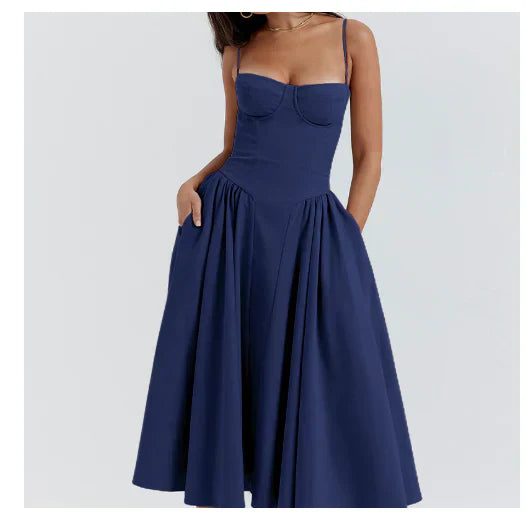 Beige midi swing dress Julia style, feminine flared silhouette with effortless chic comfortable fit