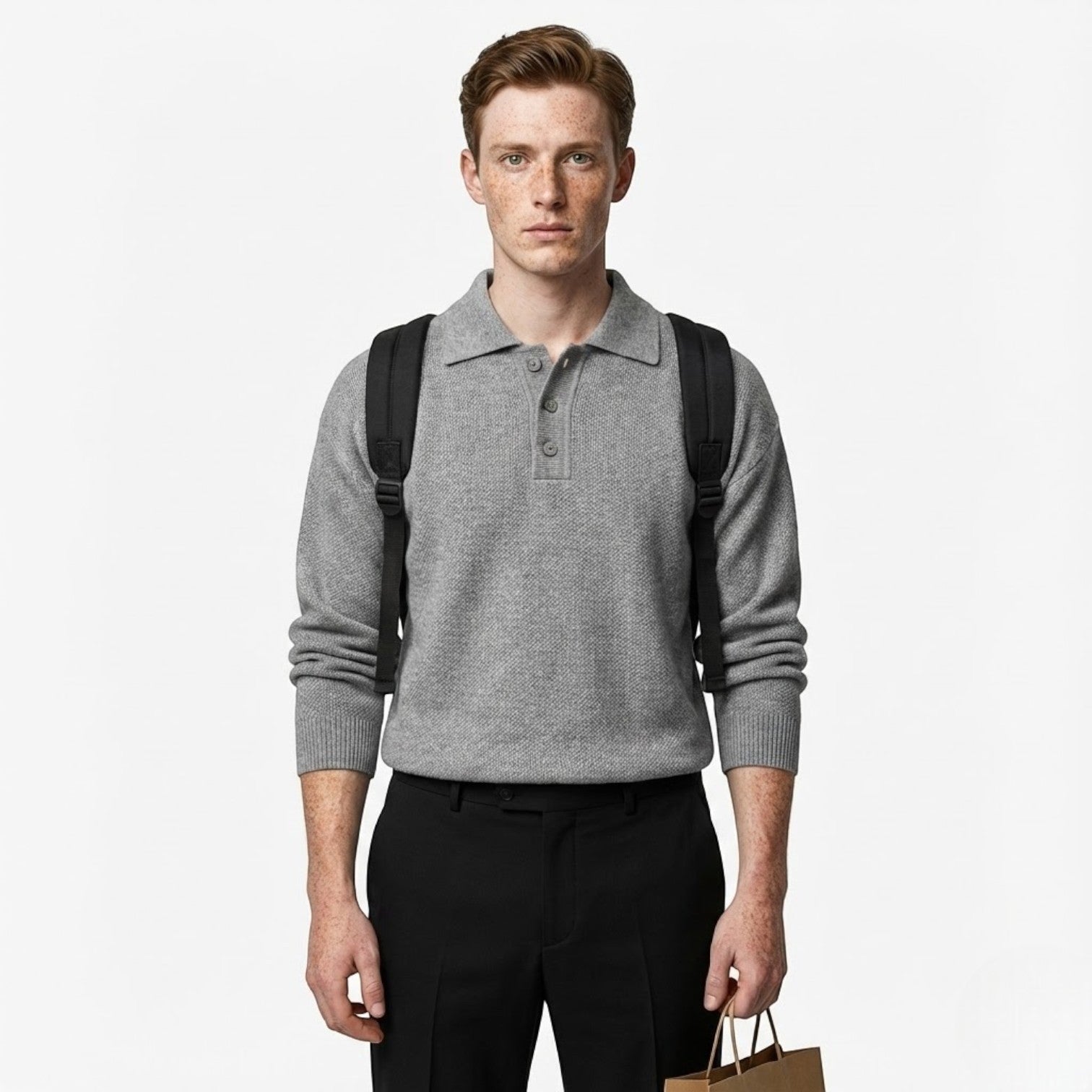 Men's dark grey wool polo sweater modern fit with subtle button placket soft texture