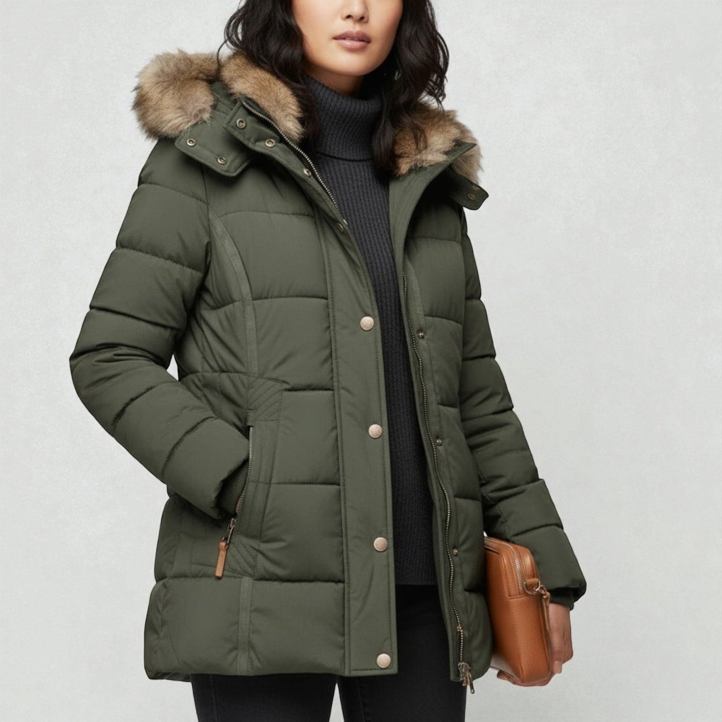 Women's insulated parka coat with hood, elegant fitted silhouette in durable fabric for cold weather