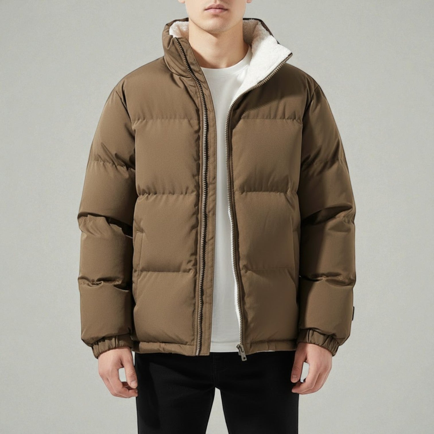 Men's black quilted puffer jacket relaxed fit with fleece-lined stand collar warm outerwear